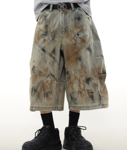 Shorts de mezclilla de cintura alta personalizados, lavado claro, estilo vintage, oversize, con efecto de pulverización abstracto, estilo streetwear - Product Image 1