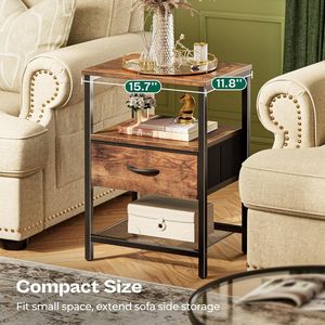 Nightstand with Fabric Drawer, Rustic Brown <b>Side</b> <b>Table</b> with Metal Frame <b>Storage</b> Cabinet for Bedroom and Living Room - Product Image 5
