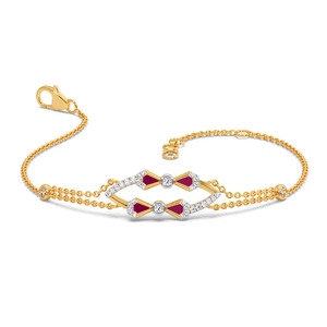 Twin Bow Diamond Chain <b>Bracelet</b> with Yellow Gold Double Chain and <b>Red</b> Stone Accent Design - Product Image 1