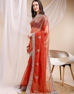 KV <b>Red</b> Organza Embellished Soild Saree With Unstitched <b>Blouse</b> - Product Image 2