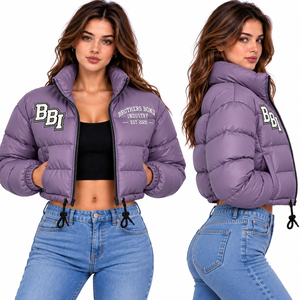 Blouson court matelassé rouge bordeaux pour femme, col montant, manteau bouffant personnalisé, doudoune courte matelassée, veste streetwear chaude, OEM - Product Image 4