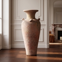 Vase de sol rustique en céramique terracotta, urne haute à plusieurs poignées, style méditerranéen antique, fait main, décoratif, non verni, Bali