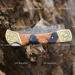 UA Supplies Hand Engraved Damascus Folding Pocket <b>Knife</b> Clip Point Resin & Olive Wood <b>Handle</b> Custom OEM Factory Direct <b>Knives</b> - Product Image 3