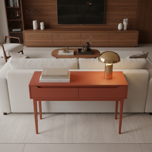 Mesa Consola Redonda Moderna de Roble Macizo con 2 Cajones, Mueble Ecológico para Sala de Estar en Espacios Modernos - Product Image 3