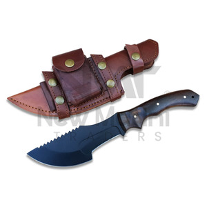 Couteau de chasse avec lame à pointe dentelée, manche en bois, étui en cuir, couteaux en acier à haute teneur en carbone de qualité industrielle - Product Image 1