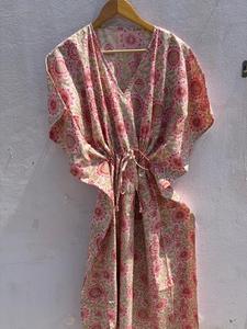 Pink Floral Cotton <b>Kaftan</b> Dress for Women V-neck Batwing Sleeves Printed <b>Beach</b> Cover Boho Resort Wear Regular Fit Summer Maxi - Product Image 2