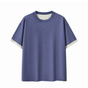 T-shirt décontracté en coton à col contrastant double couche, personnalisable, plusieurs couleurs, pour homme et femme, coupe épaules tombantes - Product Image 5