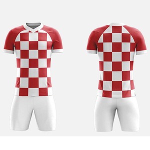 Conjunto de Camiseta de Fútbol para Hombre, Rojo y Blanco a Cuadros, Cuello en V, Manga Corta, 100% Poliéster, Transpirable, para Todas las Temporadas, Corte Regular para Adultos - Product Image 1