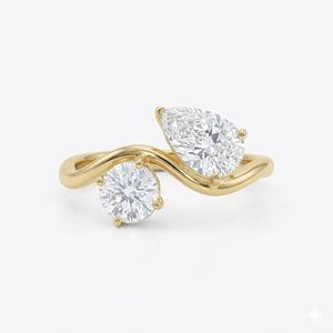 Bague de fiançailles en or 14K 18K avec deux pierres, diamant de laboratoire taille poire et taille ronde, design Toi et Moi, 2 carats, pour femme, à porter au quotidien - Product Image 1