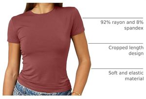 T-shirt en jersey de coton pour femme, col rond, manches courtes, coupe ajustée, couleur unie bordeaux, respirant, toutes saisons - Product Image 6