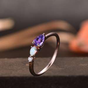 Bague de mariage vintage Art Déco en améthyste et opale, certifiée IGI, taille poire, en argent sterling 925 plaqué or rose 14 carats, pour les fêtes - Product Image 4