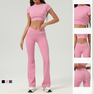 ชุดโยคะผู้หญิงสำหรับฤดูใบไม้ผลิและฤดูร้อน ชุดออกกำลังกาย กางเกงขาสั้นและขายาว ผ้าถัก โพลีเอสเตอร์/คอตตอน ระบายอากาศได้ดี แห้งเร็ว - Product Image 3