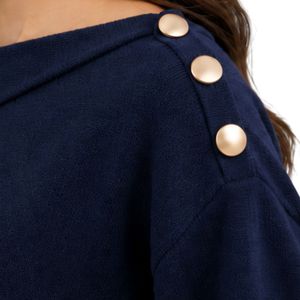 Suéter de Punto Azul Marino para Mujer, con Botones Dorados en los Hombros, Manga Larga, Cuello Redondo, Informal, para Invierno, Moda - Product Image 6