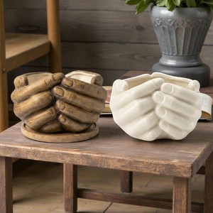 Sculptural Ceramic Indoor Planter with Wooden Drip Tray Antique Brown and Ivory <b>Vase</b> for Modern Office Decoration - Product Image 1