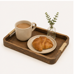 Ensemble de 3 plateaux de service rustiques en bois brun foncé avec poignées en corde de jute, plateaux rectangulaires décoratifs pour le café - Product Image 2