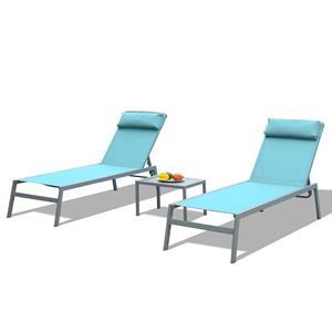 Set di 3 Chaise Longue da Patio in Alluminio Blu Lago, Sedie Reclinabili Regolabili per Piscina con Poggiatesta in Textilene - Product Image 1