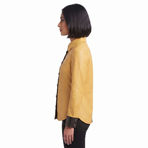 Chemise en cuir boutonnée tendance pour femme, chemise en cuir à col rabattu pour filles, chemise en cuir pour femme avec poches avant - Product Image 3