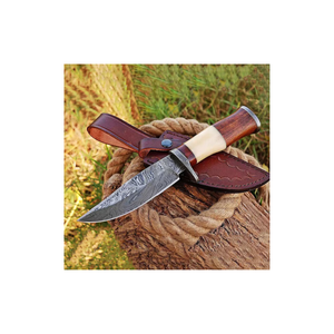 Custom Handmade Damascus Hunting <b>Knife</b> Fixed Blade Outdoor Camping Utility <b>Knife</b> with Wood and <b>Bone</b> <b>Handle</b> Leather Sheath OEM - Product Image 4