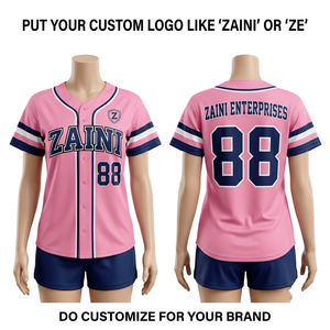 เสื้อเบสบอลผ้าโพลีเอสเตอร์อินเตอร์ล็อคพรีเมียม 180 GSM ระบายอากาศได้ดี ไซส์พลัส ซับเหงื่อ สีชมพู กรมท่า ขาว แผงแขนเสื้อแบบกำหนดเองได้ - Product Image 1