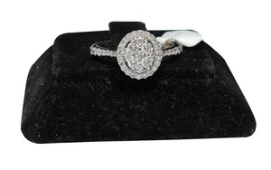 Bague en or blanc massif 14 carats avec diamants naturels ronds, ovales, en grappe, halo et pavé, bijoux fins, Memoria Jewels - Product Image 6