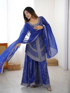Royal Embroidered <b>Kurti</b> Sharara Set With Chiffon Dupatta For Women Heavy Thread Work Festive Indian Ethnic Outfit - Product Image 5
