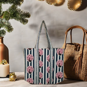 Eco Friendly Quilted Cotton <b>Tote</b> <b>Bag</b> <b>Blue</b> Stripe Floral Print Large Capacity Reusable Shopping Travel Beach Handbag - Product Image 1