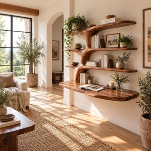 Bureau mural contemporain en bois artisanal Luxali avec étagère en forme d'arbre, plusieurs étagères et tiroir pour bureau à domicile - Product Image 2