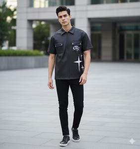 Camisa de Cuero Sintético para Hombre, Estilo Urbano, con Estampado Gráfico, Cierre Frontal con Cremallera, Estilo Casual Biker, Tejido de Punto Corto, Primavera 2026, Alta Calidad - Product Image 1