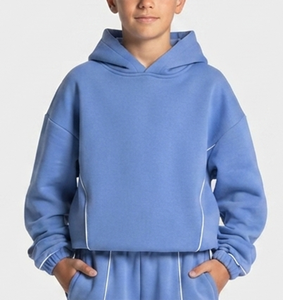 Conjunto Deportivo Personalizado para Niños en Azul Azure con Contraste, Sudadera con Capucha de Felpa de Algodón y Pantalones Deportivos Anchos, Fabricación OEM y ODM - Product Image 3