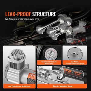 Kit de bocinas de 150dB, bocina de aire de 4 trompetas para camionetas, de 12V compresor de aire, 160 PSI, calibre de tanque de 2,6 Gal/10 L para cualquier vehículo de 12V - Product Image 5