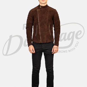 Chaqueta de cuero de gamuza marrón oscuro para hombre, estilo motero, corte ajustado, con hombros acolchados, cremallera asimétrica, para motocicleta. - Product Image 4