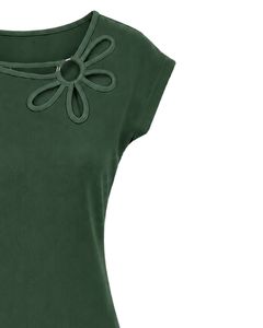 Manufacturer Custom Dark Green Women Casual Summer Blouse Elegant Flower Neck Short Sleeve Fashion Loose Fit Stylish <b>Top</b> Shirt - Product Image 4