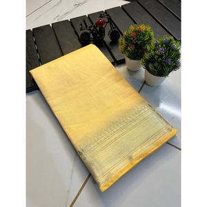 ATRACTIVE SUAVE ALGODÓN JACQUARD BORDER WORK SAREE CON BLUSA DESCOSADA AMARILLO - Product Image 1