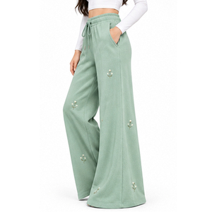 Pantalon large taille haute pour femme en molleton de coton brodé floral, coupe décontractée avec cordon de serrage, longueur pleine, idéal pour le printemps - Product Image 4