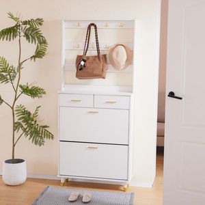 White Entryway Bedroom Armoire with Hanging Rod Shoe Cabinet and Wardrobe Closet Drawers Shelves Handles Portable Wardrobes - Product Image 5