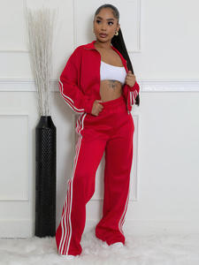 Women's Gray Track <b>Suit</b> Set Loose Fit Solid Color Sporty Two Piece Outfit With Side Stripe Full Length Pants And <b>Short</b> Top - Product Image 5