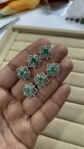 Genuine Emerald and Diamond Flower <b>Silver</b> <b>Stud</b> Earrings 92.5 Sterling <b>Silver</b> Earring - Product Image 3