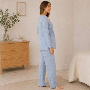 Conjunto de pijama de maternidad para mujer, manga larga, largo completo, patrón de puntos azules, algodón transpirable, cuello redondo, corte recto, ropa de otoño - Product Image 6