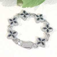 Bracelet Hip Hop Miami Cuban Link en Argent Sterling 925 Plaqué Rhodium, Micro-Pavé de Moissanite Noire Luxe en Forme de Fleur