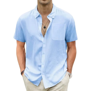 Men's Lightweight Cotton Linen <b>Hawaiian</b> Shirts Breathable Short Sleeve Casual Summer <b>Tops</b> for Beach Vacation Solid Pattern - Product Image 5
