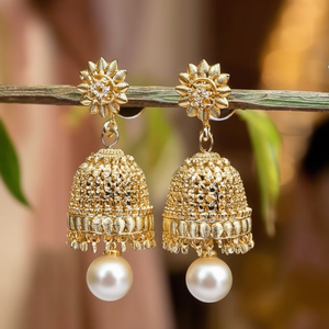 24K Gold Plated Pearl and Diamond Hoop Jhumki Earrings for Wedding and Party - Product Image 3