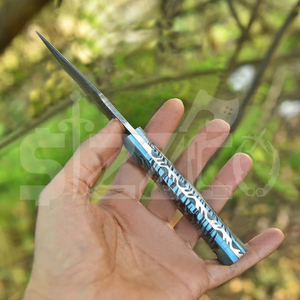 มีดทำมือเหล็กดามัสกัสแบบ OEM สำหรับล่าสัตว์และตั้งแคมป์ มีด EDC สำหรับกิจกรรมกลางแจ้ง พร้อมปลอกหนัง เหมาะเป็นของขวัญ - Product Image 5