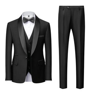 Ensemble de costume de smoking noir en laine croisé pour homme avec gilet et nœud papillon, coupe ajustée, style britannique, tenue de cérémonie pour mariages et événements - Product Image 1