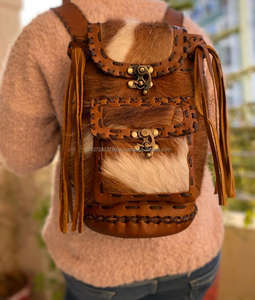 Animal Fur Cowhide Leather <b>Backpack</b> Handmade College Student <b>Backpack</b> Stylish <b>Backpack</b> - Product Image 4