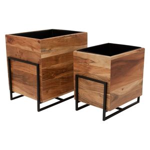 Set 3 Wooden <b>Square</b> Floor <b>Vase</b> with Black Metal Stand Rustic Design for Floral Display - Product Image 6