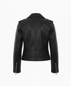 Chaqueta de cuero negra para mujer al por mayor, estilo motero, ajustada, con cremallera, solapa y cinturón, abrigo personalizado con logo para primavera y otoño - Product Image 6