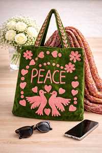 Jaif Textiles Embroidered Velvet Tote <b>Bag</b> Suzani Style <b>Boho</b> Shoulder <b>Bag</b> Love Birds Floral Design Cotton Lining Open Closure - Product Image 5