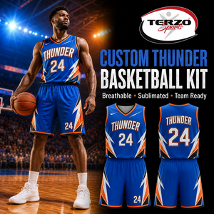 ชุดบาสเก็ตบอล OEM แบบกำหนดเอง รุ่น Thunder แห้งเร็ว พร้อมเสื้อและกางเกงขาสั้นแบบ Sublimated สำหรับทีมมืออาชีพ - Product Image 1