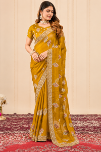 Vexotrend India Pakistan Premium Velvet <b>Satin</b> Traditional <b>Saree</b> for Women Embroidery Swarovski Wrinkle-Free Quick-Dry All - Product Image 3
