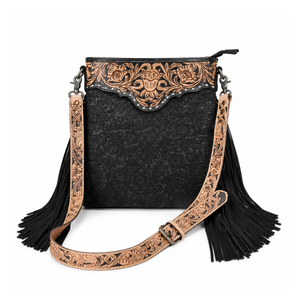 Western Floral Embossed Leather Crossbody Bag Genuine Tooled Leather Fringe Shoulder Purse Cowgirl Boho <b>Handbag</b> for Women Travel - Product Image 1